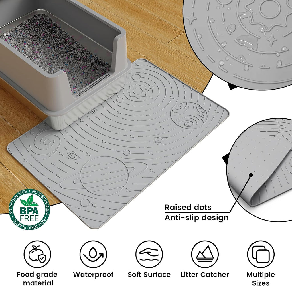 OHMO Cat Litter Mat Medium 23.6x15.7in, Light Grey Silicone Rubber Scatter Control Kitty Litter Box Trapping Mat, Waterproof Easy to Clean, Odorless Pet Supplies, Indoor Cat Essentials