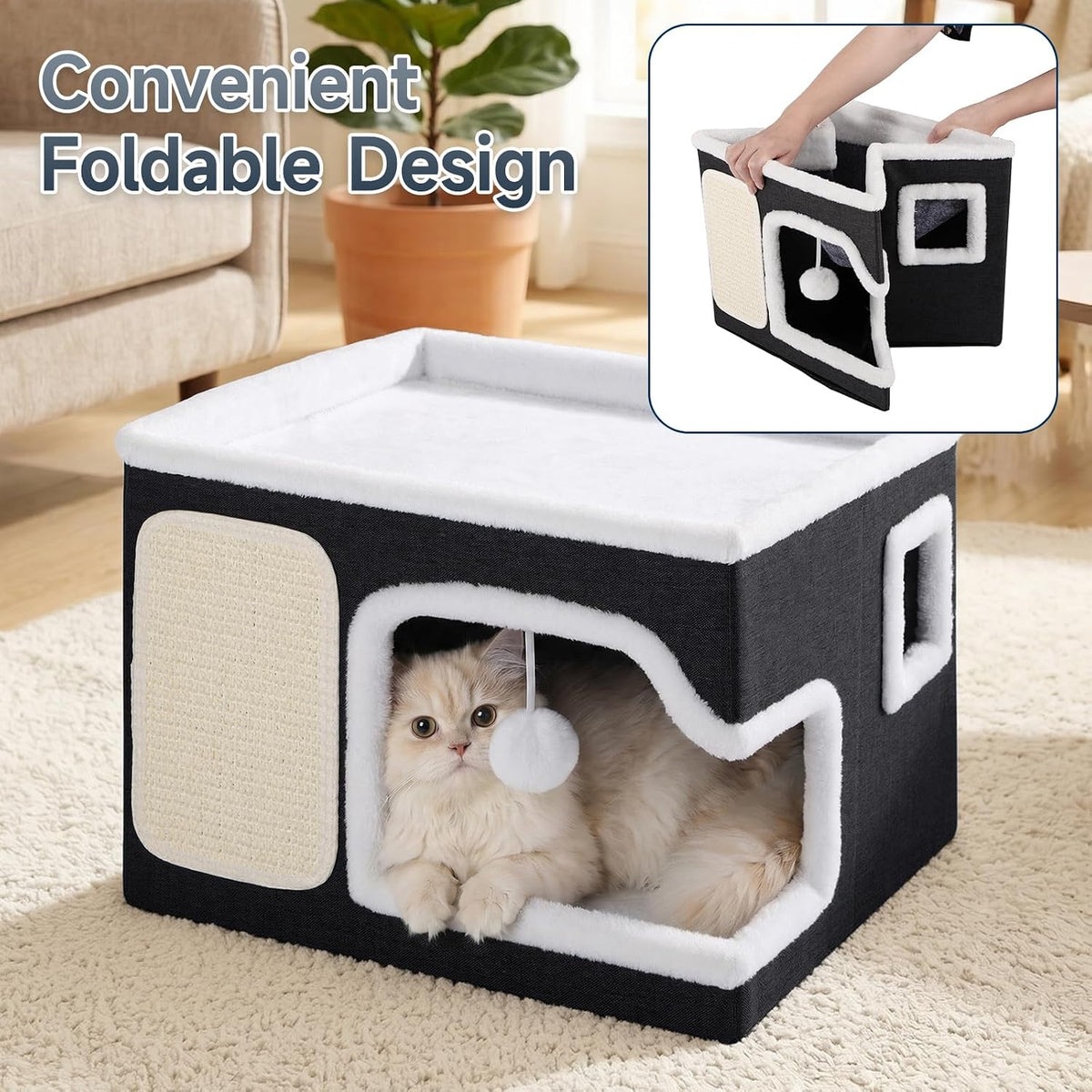Shikha Cat Bed House for Indoor Cats with Fluffy Ball and Scratch Pad Black