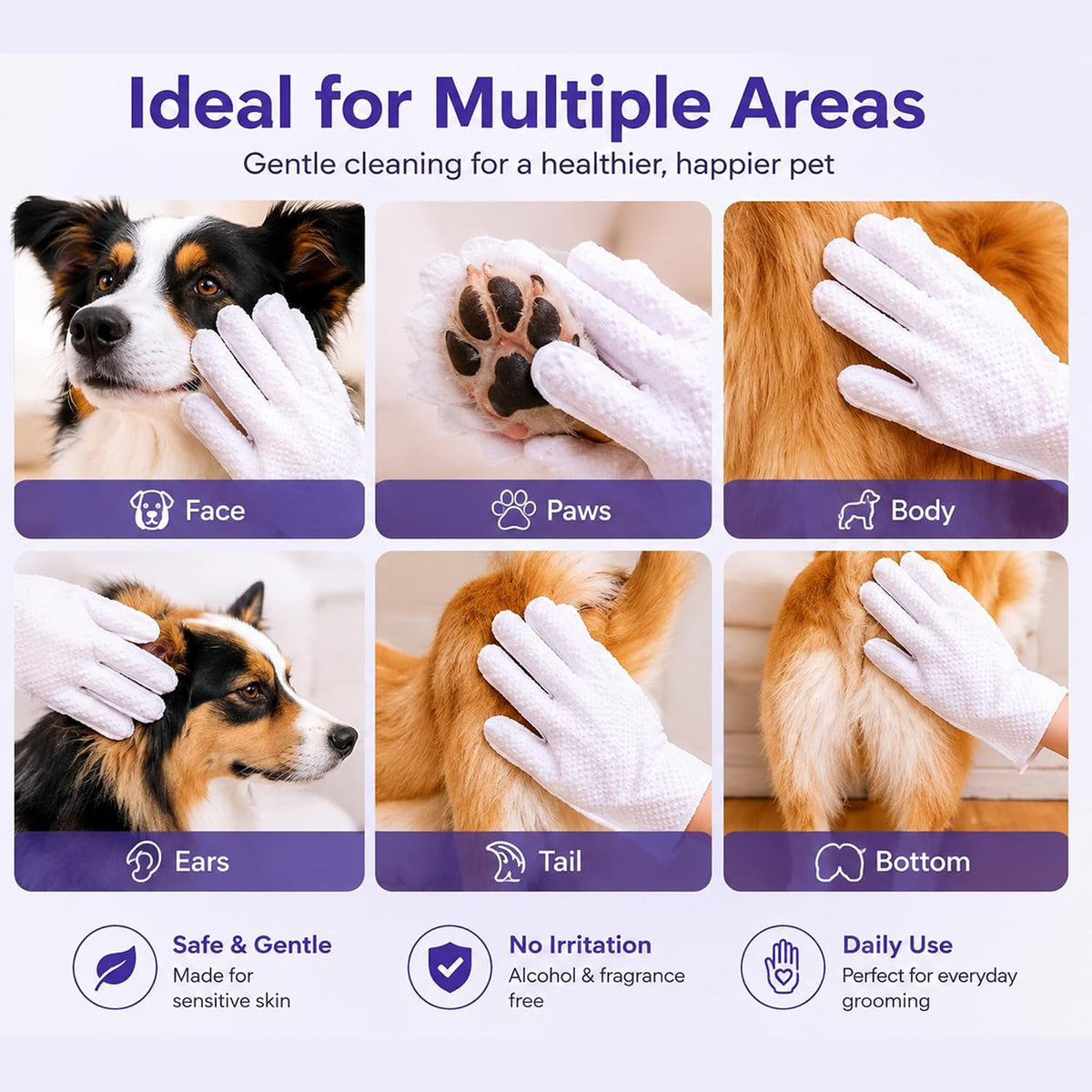 LEVOS 6PCS Pet Glove Dog Cats Wipes Paws and Butt Bath Waterless Cleaning