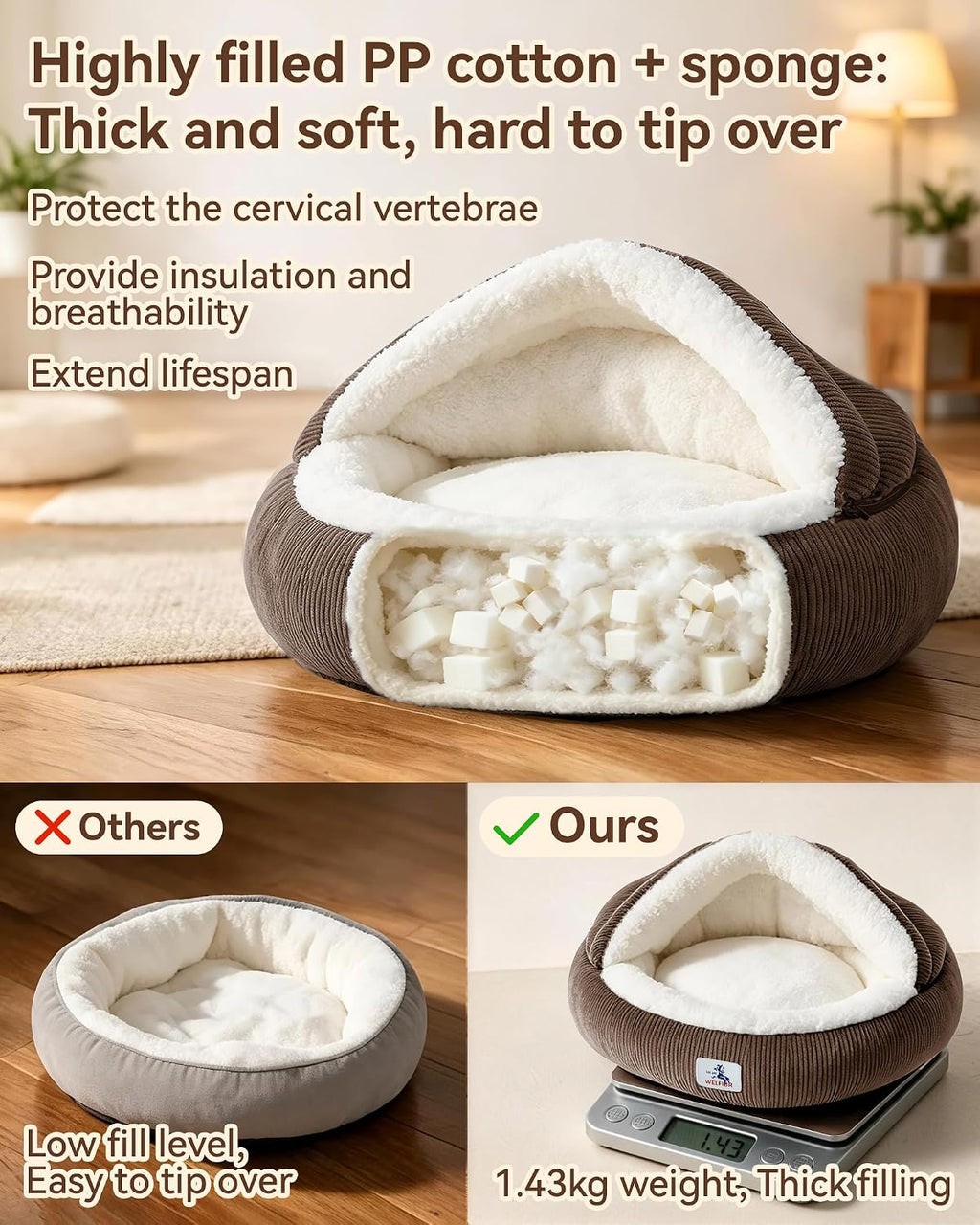Calming Cozy Dog Cave Cover Bed, Burrow Small Doggy Anti Anxiety
