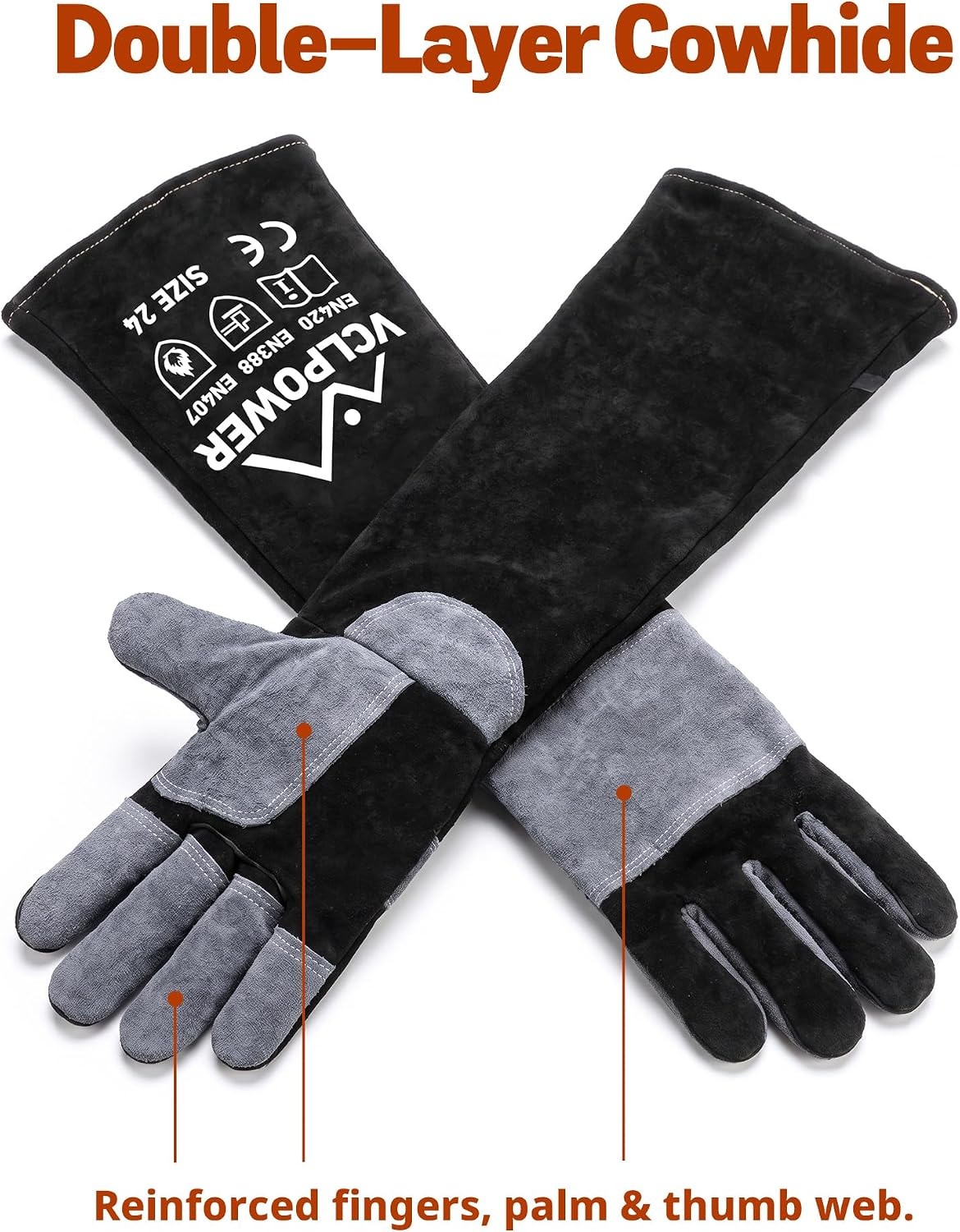 vclpower Animal Handling Gloves, Bite Proof Double Leather, 24 in, Size L