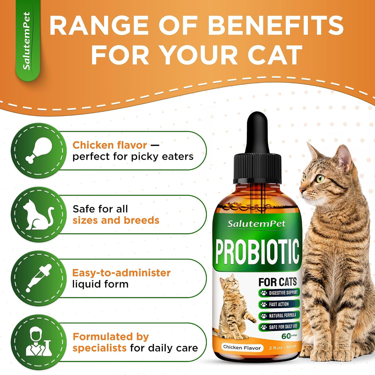Cat Probiotic Helps with Colic, Upset Stomach, Diarrhea, Gas, and Bloating – Advanced Prebiotics & Probiotics for Cats Digestive Support – Enriched with Chicken Flavor – 2 Oz