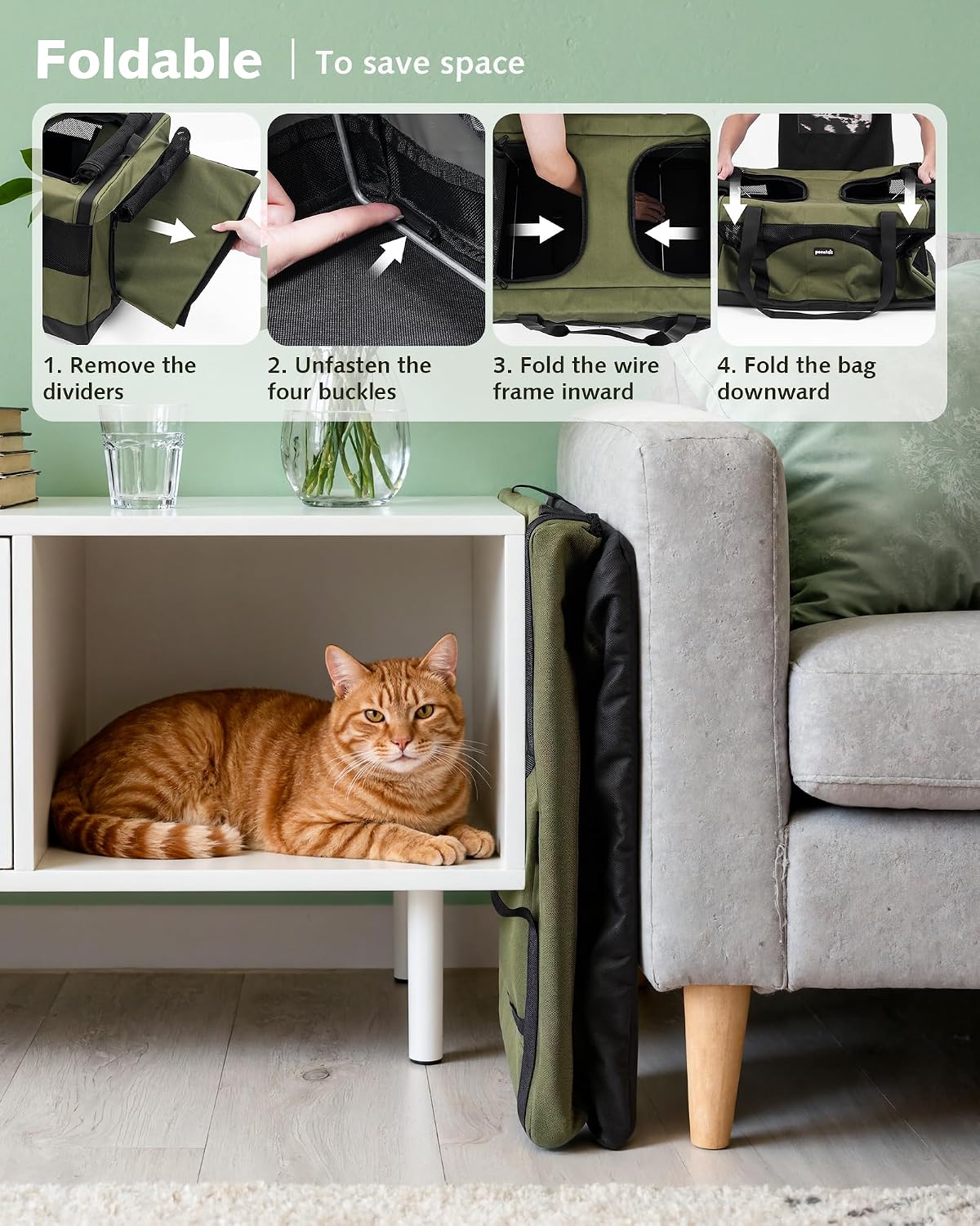 Pecute Large Cat Carrier, Soft Double Pet Crate for 2 Cats Travel, Green