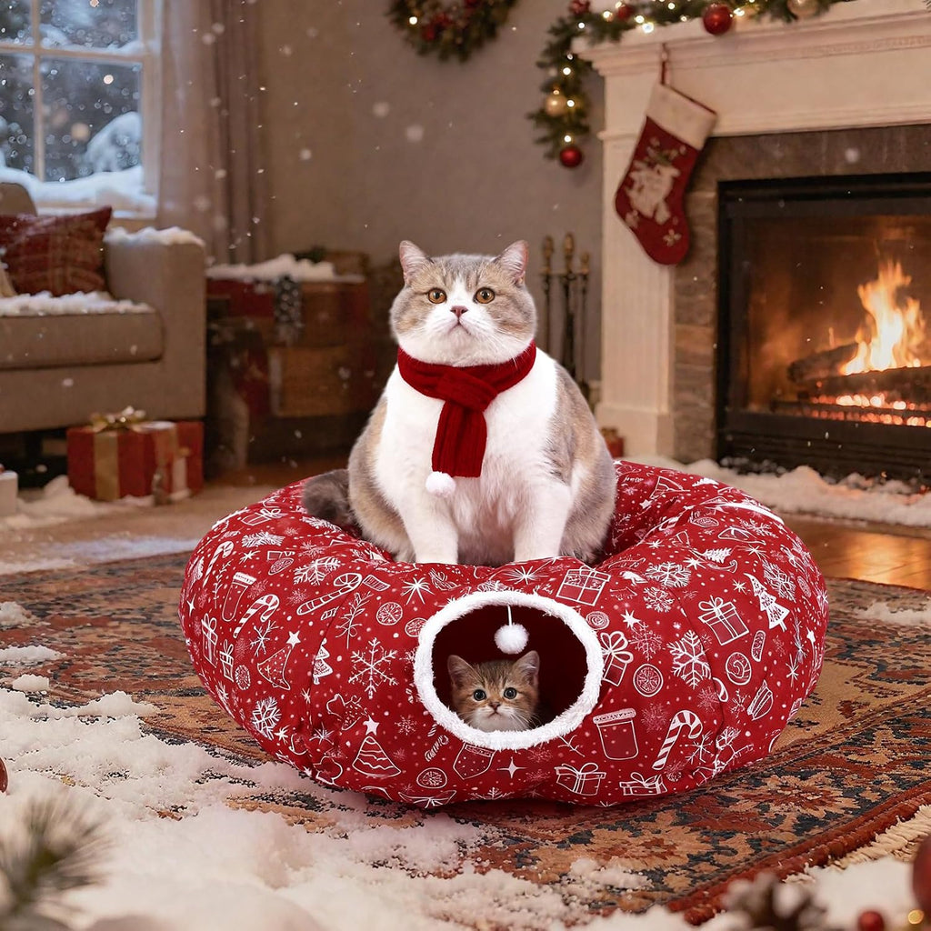 Cat Tunnel Christmas Tree Skirt Cat Donut Tunnel Bed, Gift Box