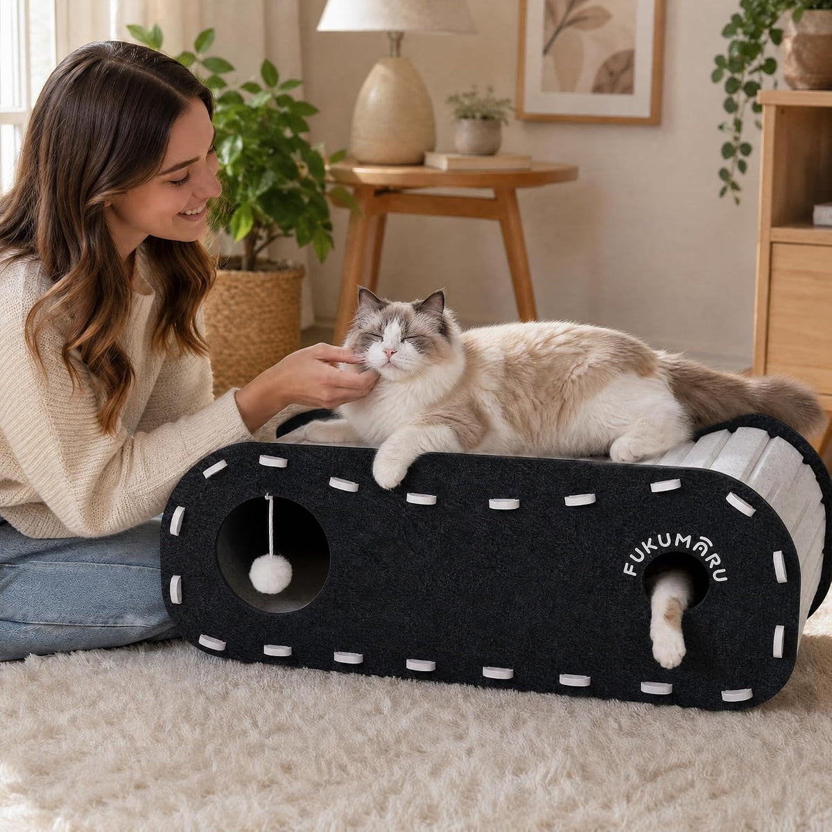 FUKUMARU Cat Bed Cave Tunnel, 31.5 Inch, Cat House Condo Indoor, Black