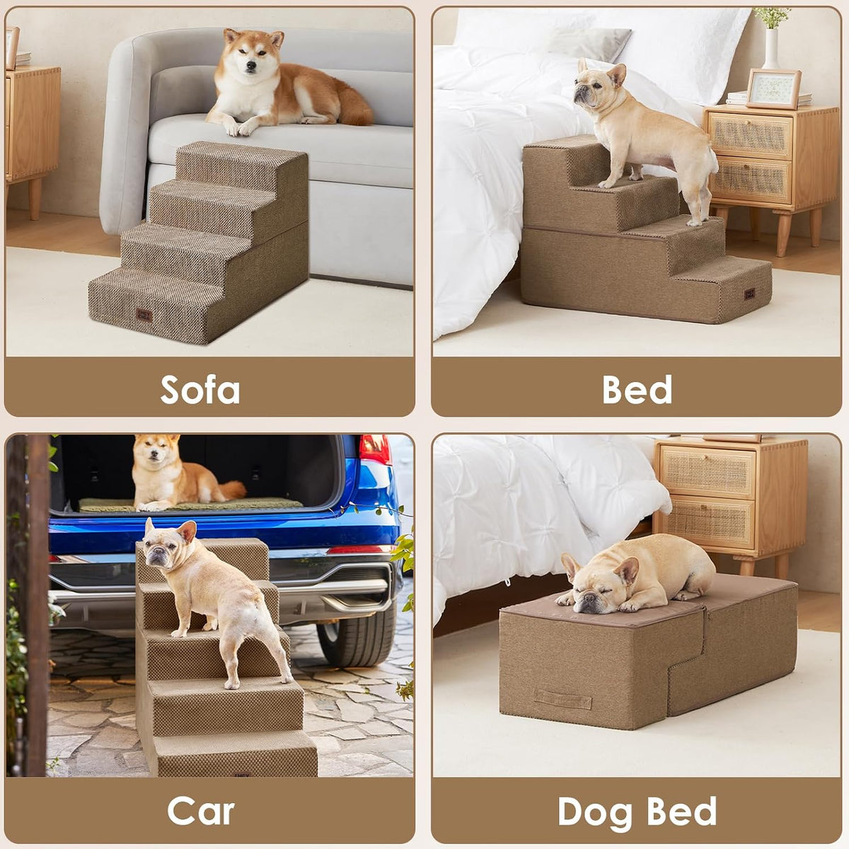 EHEYCIGA Dog Stairs for Bed 20" H, 4-Step Extra Wide Dog Steps, Camel