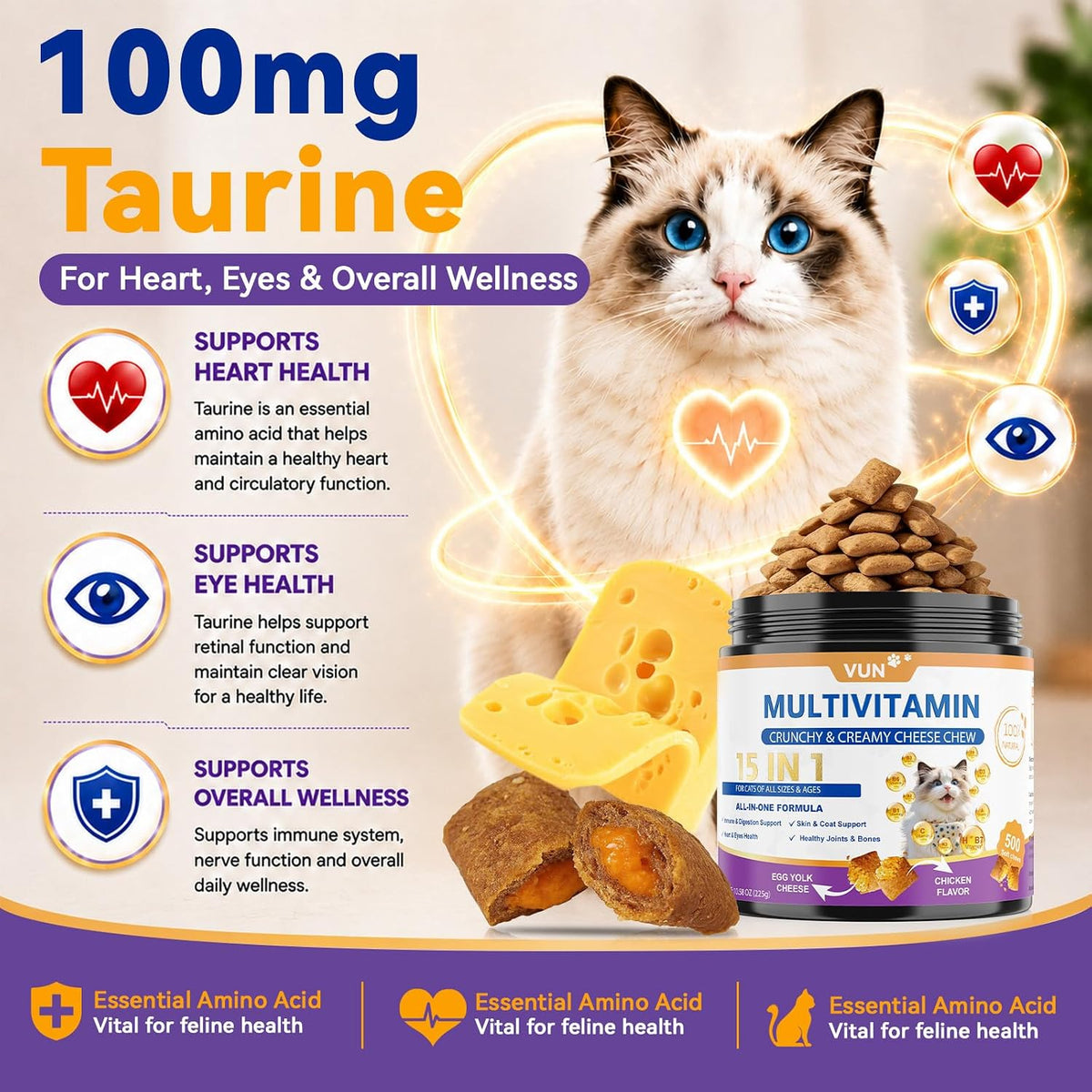 VUN Cat Vitamins Crunchy&Creamy Chews-Multivitamin for Indoor Cats