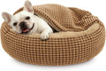 Small Dog Bed with Attached Blanket, Cozy Donut Cuddler Anti-Anxiety Hooded Pet Beds Calming Cave Bed, Round Puppy Beds for Dogs or Cats Washable, Anti-Slip Bottom, 26inch, Light Brown