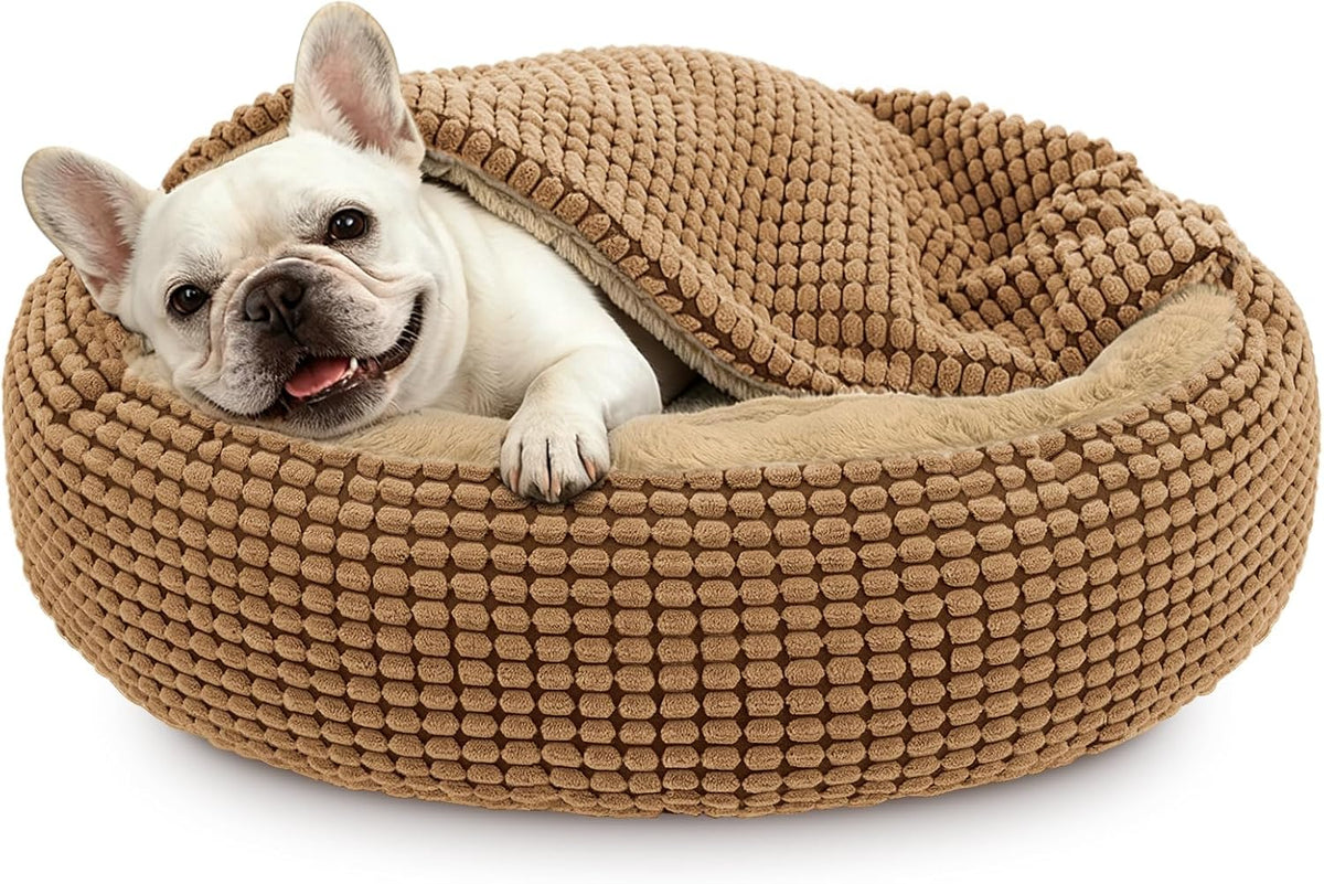 Small Dog Bed with Attached Blanket, Cozy Donut Cuddler Anti-Anxiety Hooded Pet Beds Calming Cave Bed, Round Puppy Beds for Dogs or Cats Washable, Anti-Slip Bottom, 26inch, Light Brown