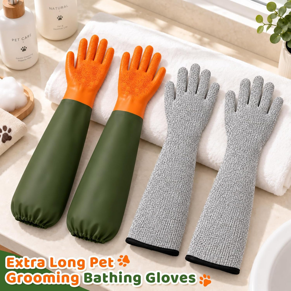 2 Pair Pet Grooming Bathing Gloves for Dogs & Cats,26.8 in & 16.9 in