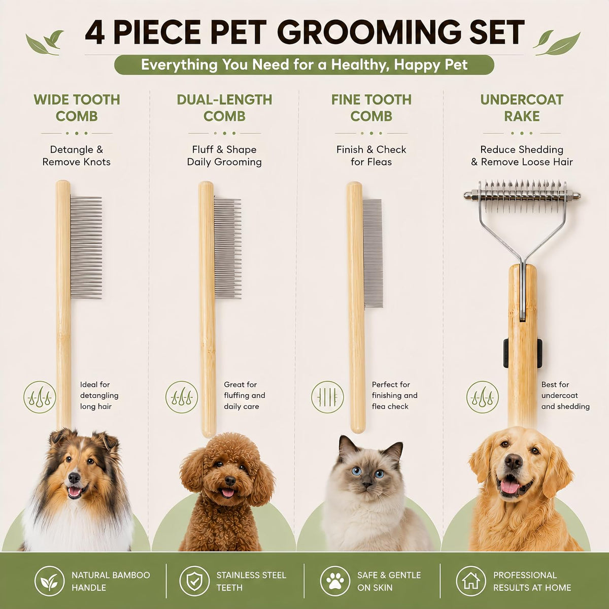 Cat Brush & Comb Grooming Kit, Undercoat Rake Dematting Tool