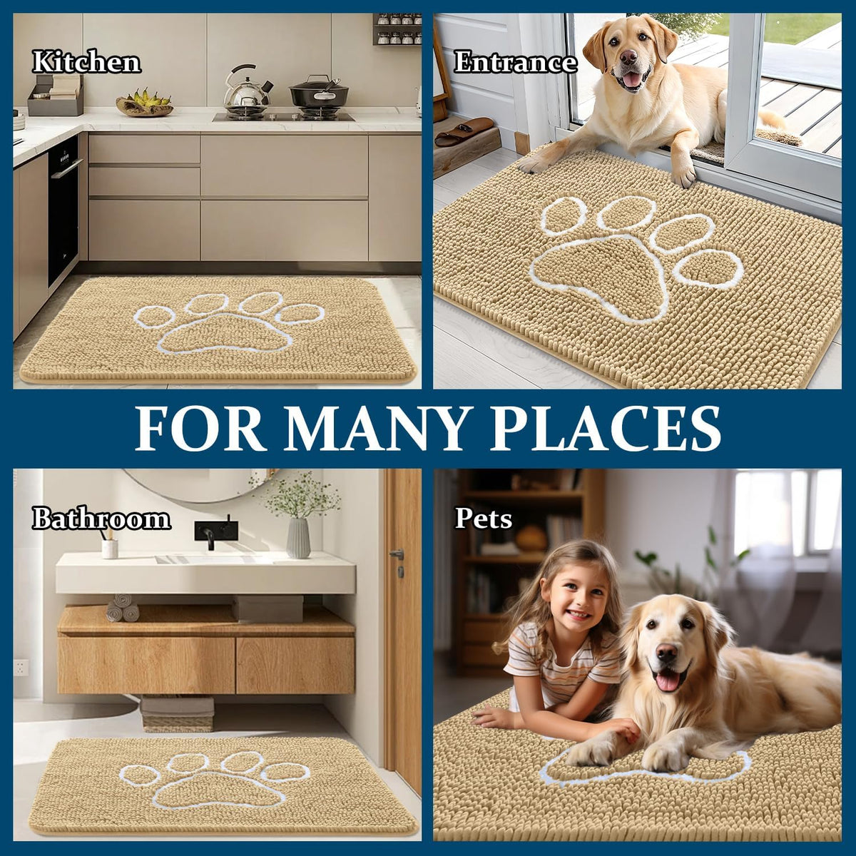 OLANLY Dog Door Mat for Muddy Paws 47x32, Paw Print Design Chenille Mud Mat