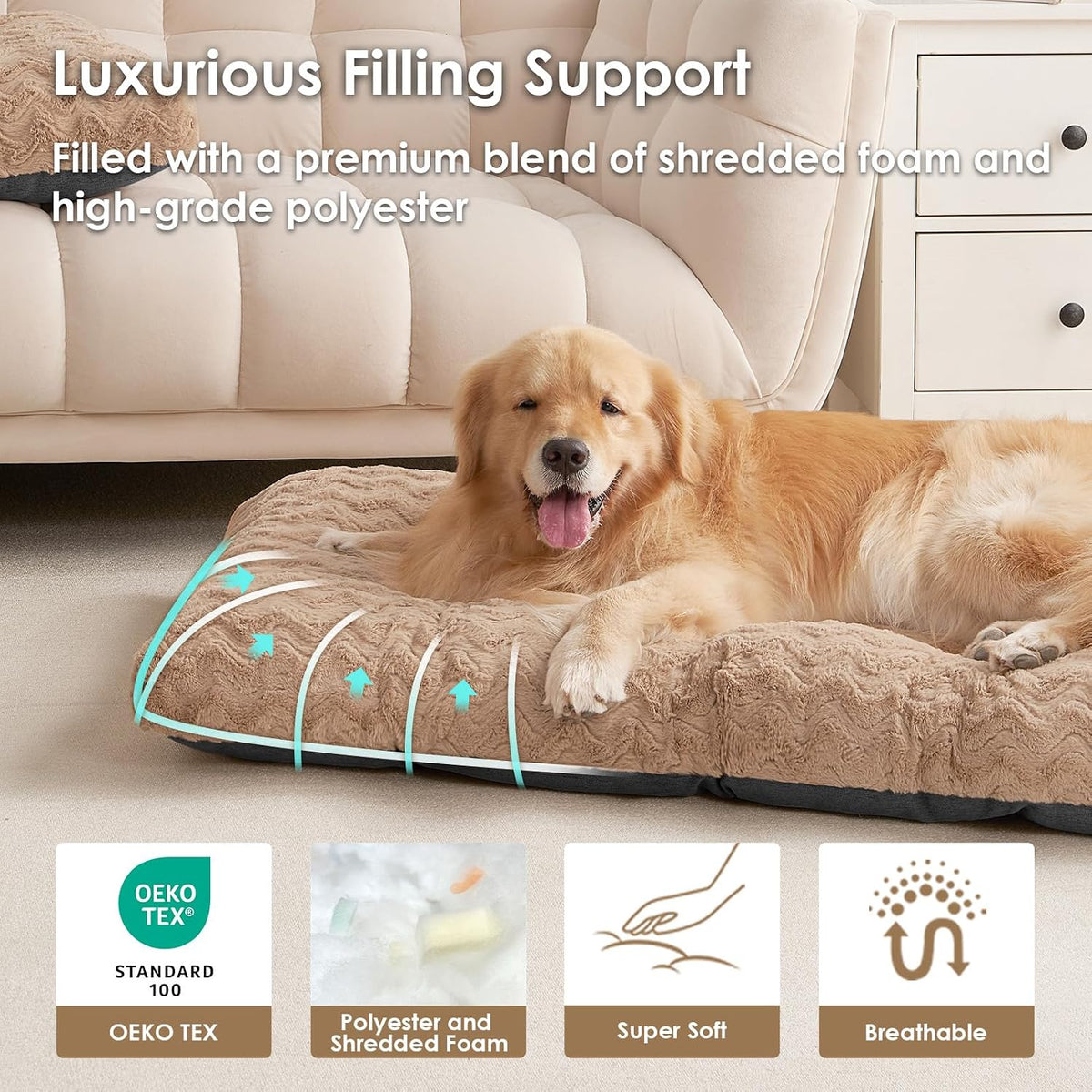 EHEYCIGA Washable Large Dog Bed for Crate, 36x27 Inch Pet Bed, Camel
