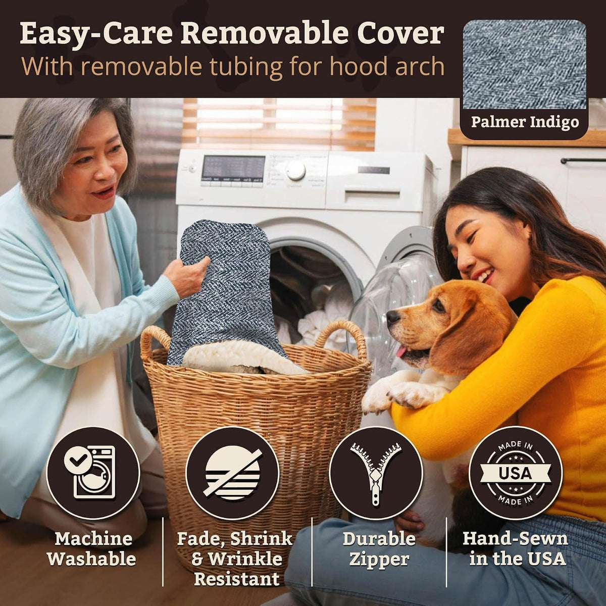 Snoozer Rectangle Cozy Cave Dog Bed, Hooded Dog Bed, Palmer Indigo (L)