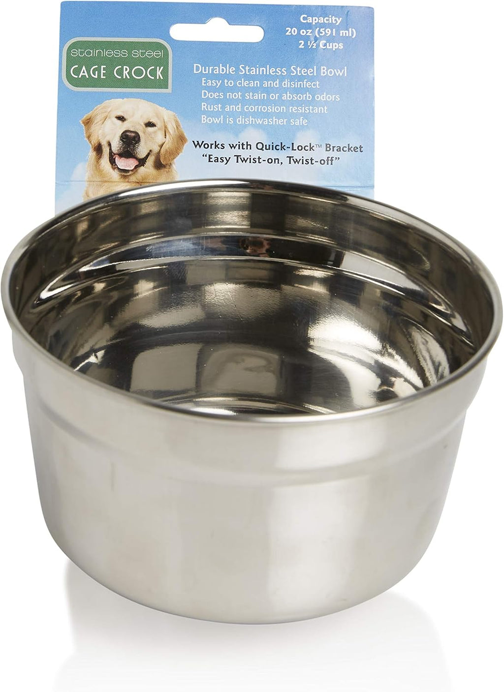 Lixit® Stainless Steel Kennel Food or Water Bowl - Non Spill Hanging Removable Crate Bowls - Carrier Cage Dish for Dogs or Cats for Feeding and Drinking (Stainless Steel, 20 Ounce) 