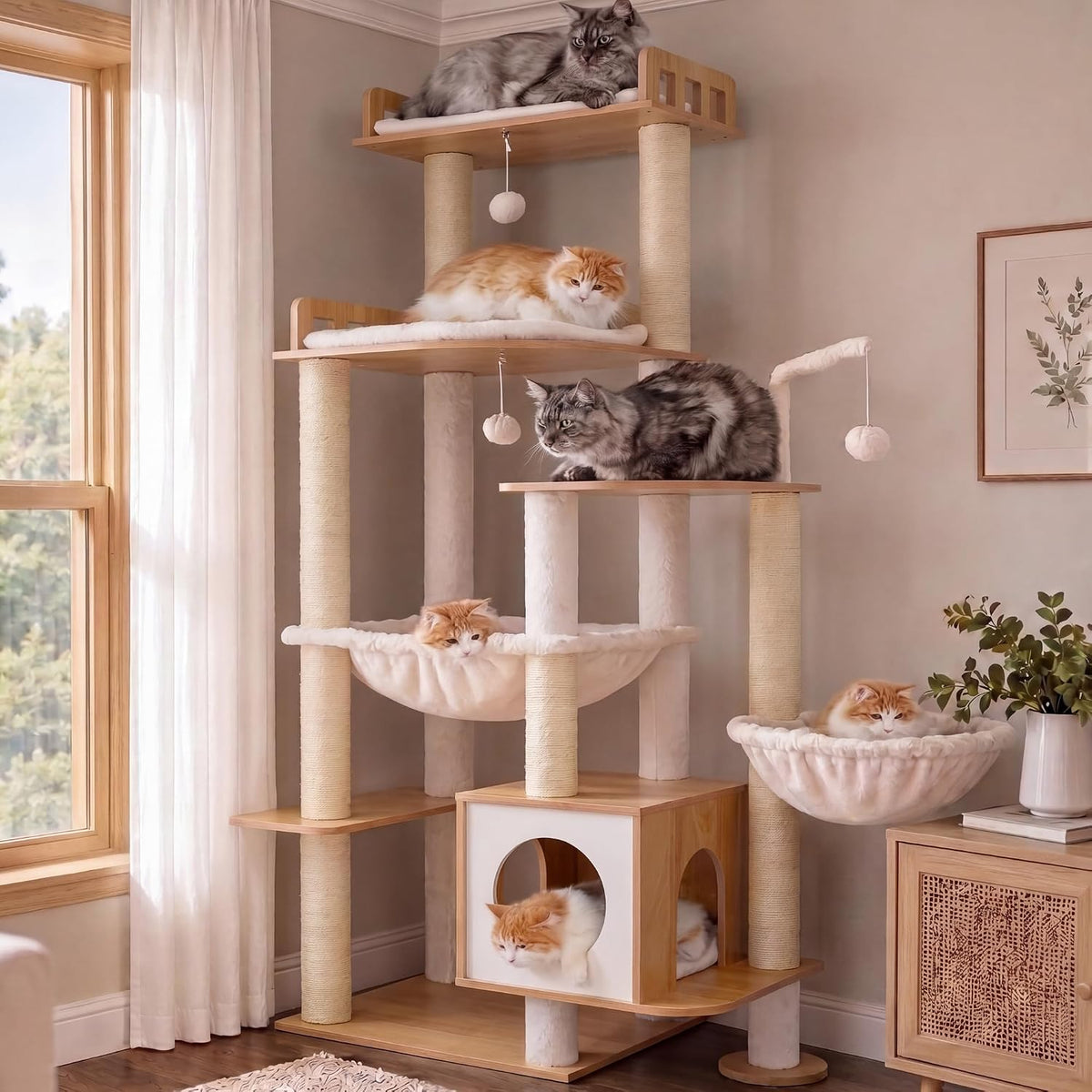 Heybly Cat Tree, 70.5" Wood Tall Cat Tower for Large Indoor Cats HCT121WB