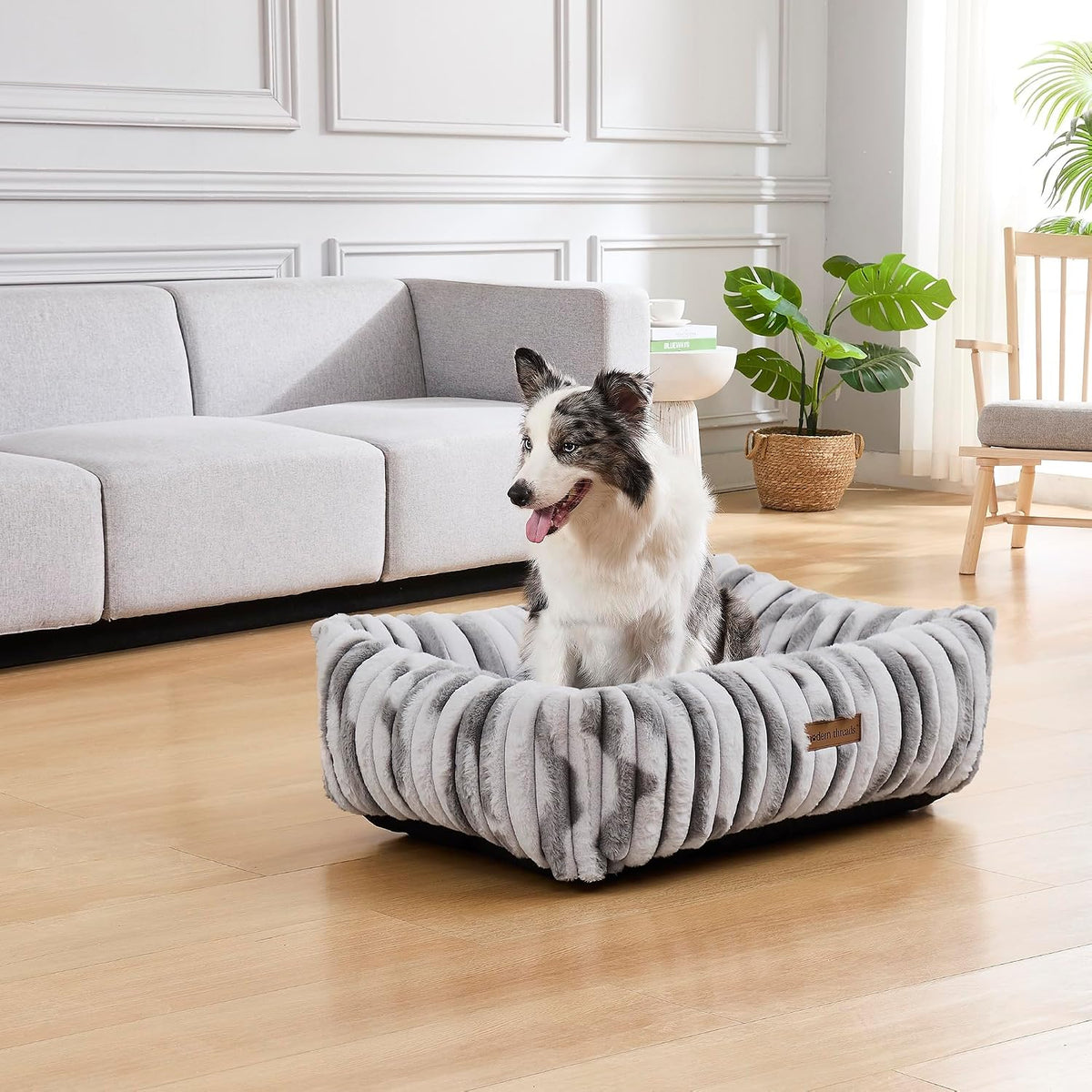 Modern Threads Ribbed Plush Two-Tone Cuddler Dog Bed, Ultra-Soft Faux Rabbit Fur, Supportive Bolstered Sides, Removable Washable Cover, Bed for Medium Dogs, Silver, (28" L x 21" W x 9" Th)