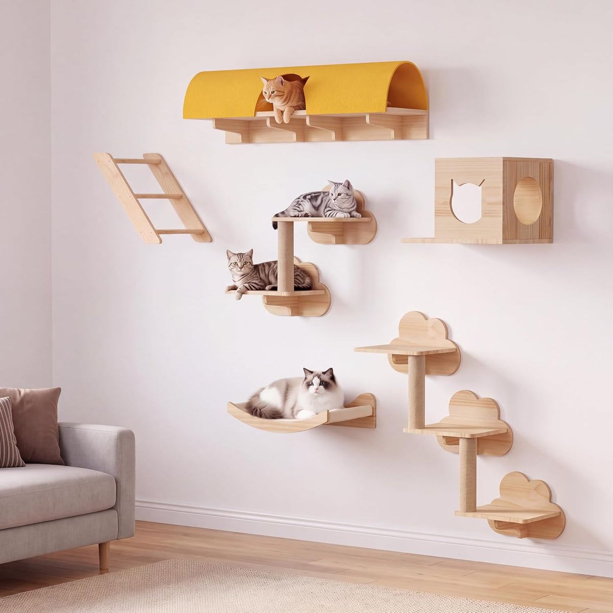 Cat Wall Shelves, 12-in-1 Wood Cat Wall Furniture Set with Tunnel