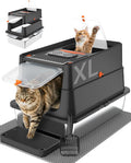 Stainless Steel Litter Box with Flip Lid, XL Extra Large Cat Litter Box with High Sided Top Entry Design, Anti-Leakage Enclosed Metal Litterbox for Big Cats, with Handle, Mat, Pedal & Scoop, Black