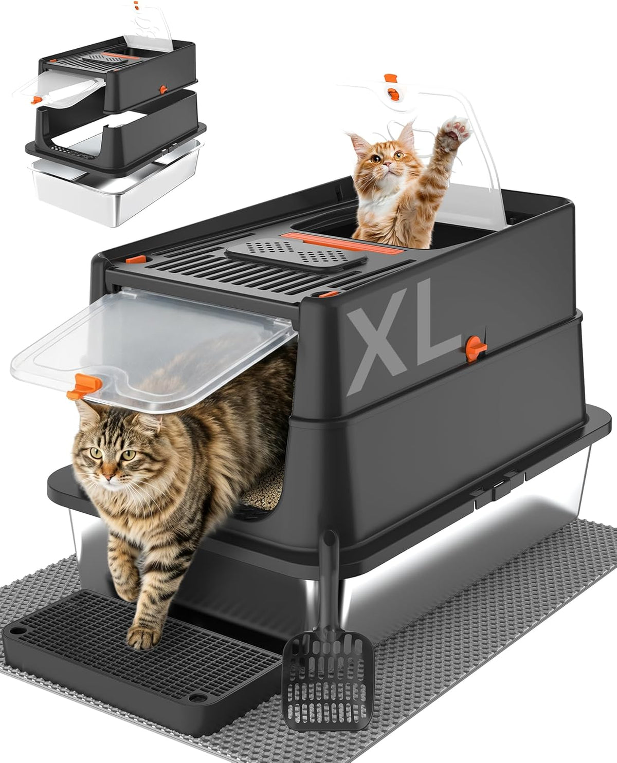 Stainless Steel Litter Box with Flip Lid, XL Extra Large Cat Litter Box with High Sided Top Entry Design, Anti-Leakage Enclosed Metal Litterbox for Big Cats, with Handle, Mat, Pedal & Scoop, Black