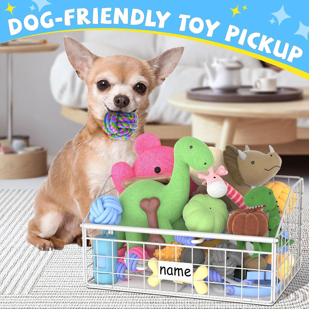 Kaiferty Indestructible Dog Toy basket, Small Toy Box for Dogs, Pet Toy Bin Dog Metal Basket for Toys, Dog Toy Storage, Dog Storage Organizer, Cat Dog Toy Box for Living Room Area (White)