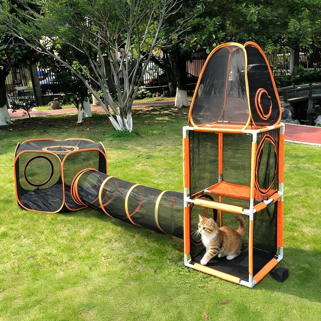 3 in 1 Cat Tent Tunnel 3-Level Climbing Tower with Tunnel Pet Play House Outdoor Large Foldable Cat Enclosure Puppy Playpens (3 in 1)