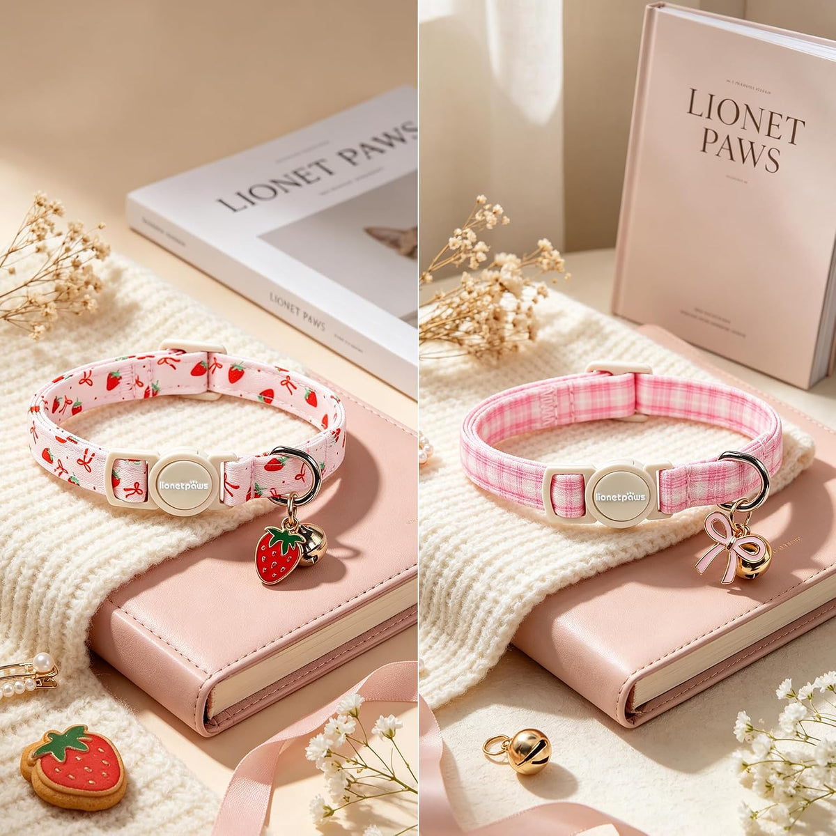 lionet paws 2 Pack Cat Collar Breakaway with Bells-Pink Plaid & Strawberry