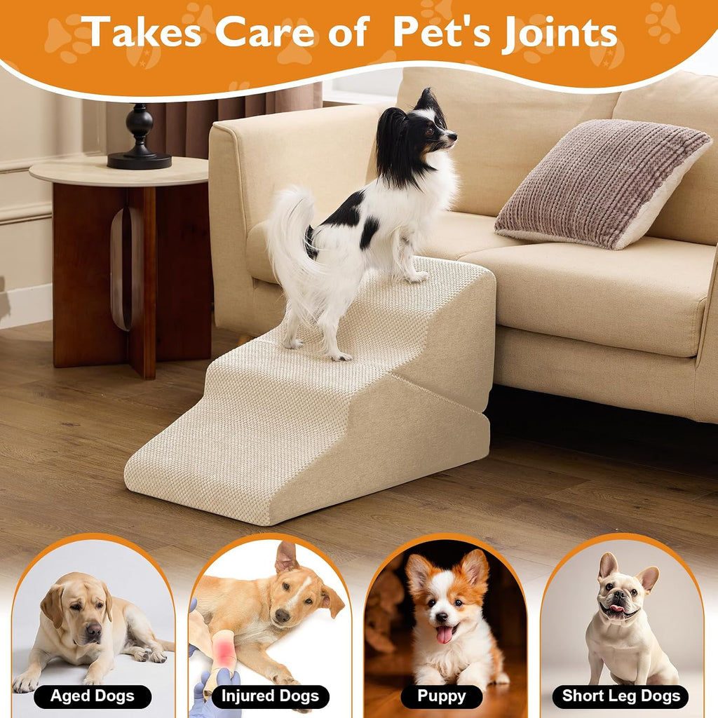 Ahpmeoa Dog Stairs for Small Dogs 16’’ H, 3-Step Dog Steps for Bed, Beige