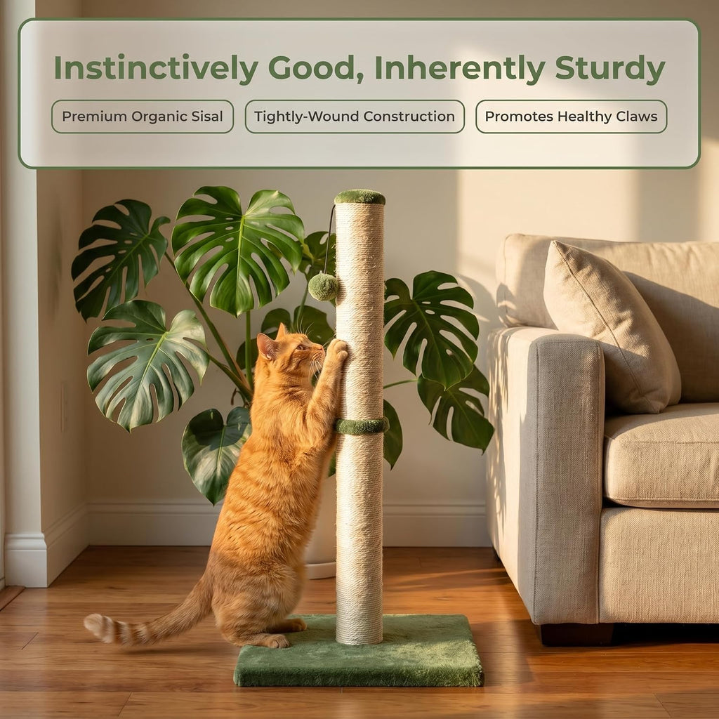 Dimaka Tall Cat Scratching Post, Claw Scratcher with Sisal Rope and Covered with Soft Smooth Plush, Vertical Scratch [Full Strectch] for Standard Size Cats (Green, 34 inches for Large Cats)