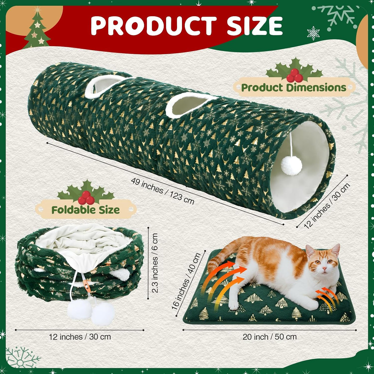 Thyle 2 Pcs Christmas Cat Tunnel & Self Heating Pad, Indoor, 49×12 in Green