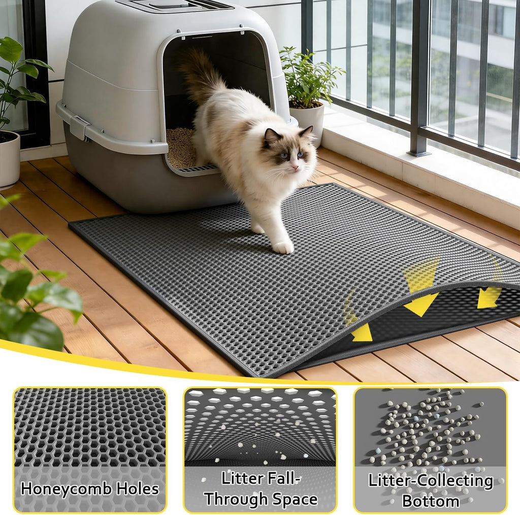 Cat Litter Mat, 30"x24", Waterproof, Easy to Clean (Grey-1Pack) | Double-Layer Honeycomb for Effective Litter Trapping, Premium Durable EVA, Non-Slip, Paw-Friendly Soft Surface