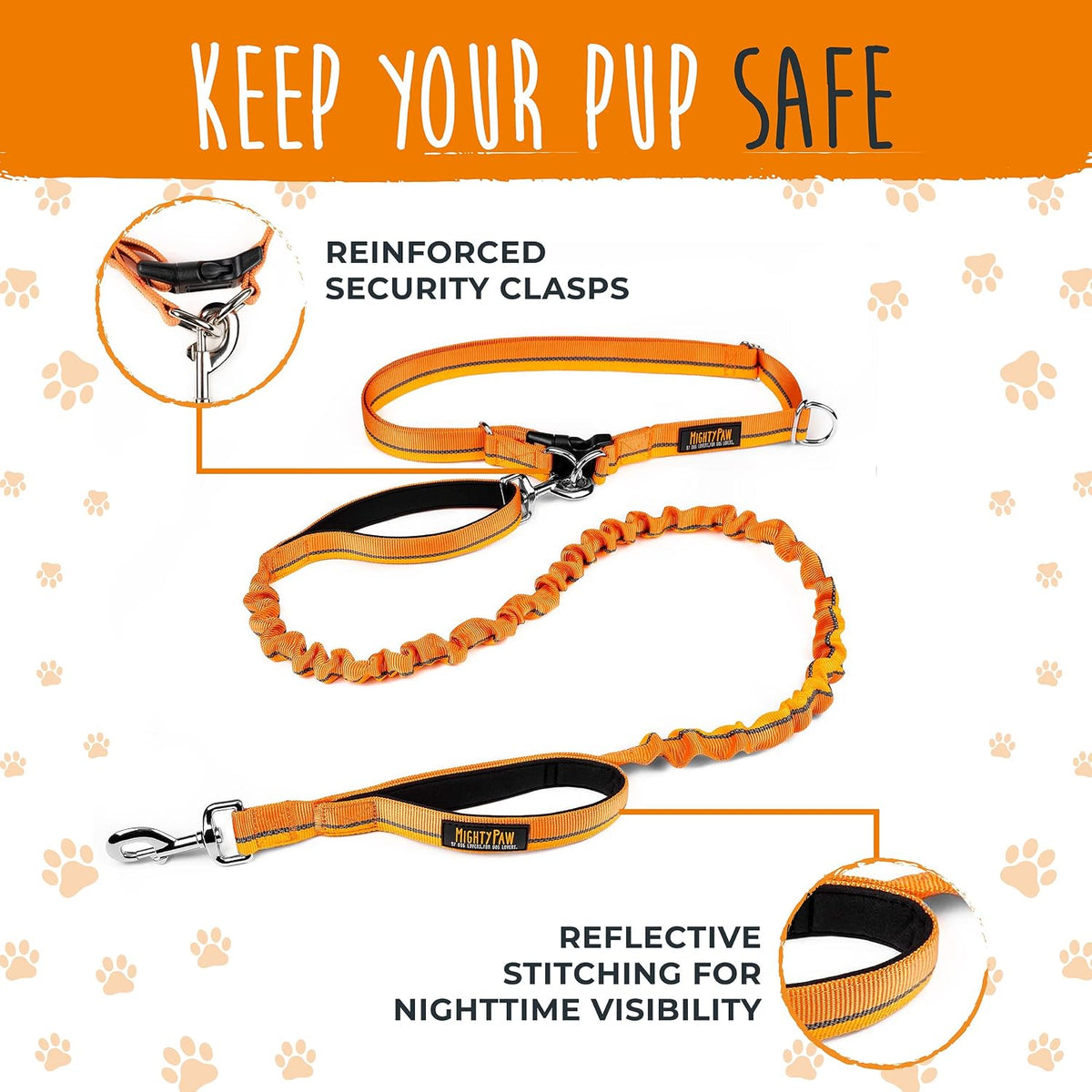 Mighty Paw Hands Free Dog Leash | Bungee Waist Leash for Dog Walking. Pet Running Hands Free Tether for Large, Medium & Small Breeds. Pet Waist Belt (36" - 48") Up to 150 lbs - Orange
