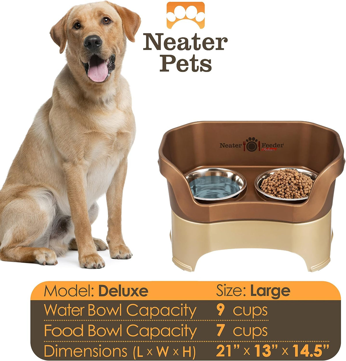 Neater Pet Brands Neater Feeder Deluxe Mess Proof Dog Bowls Elevated for Large Dogs Over 40 lbs, Made in USA, No Spill Raised Dog Food Bowl Stand Feeding Station, Food and Water Bowl Set, Bronze 