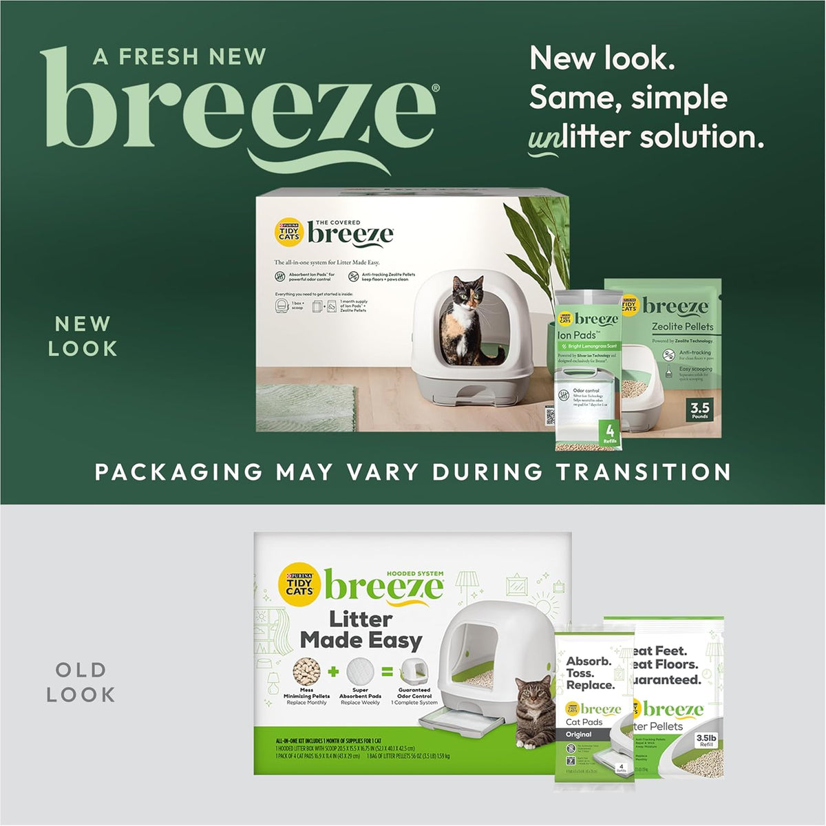 Purina Tidy Cats Breeze Covered Cat Litter Box System Kit | Hooded litter box with scoop, plus Zeolite pellets and cat litter pads, easy-to-use kit for odor control