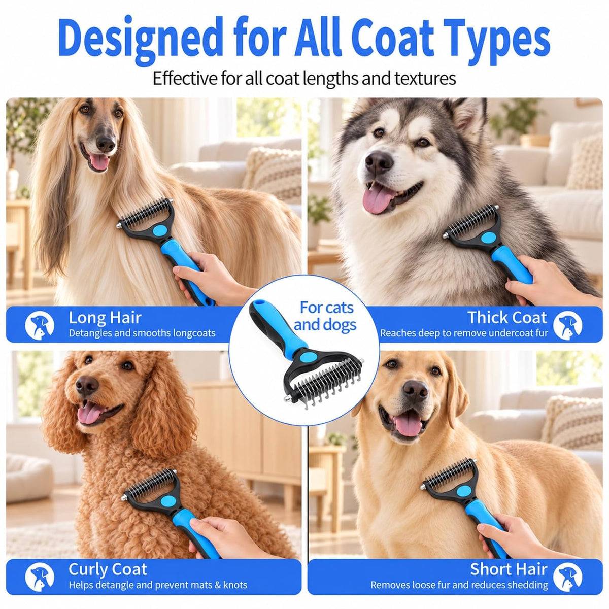 2Pcs Dematting Comb,Pet Grooming Rake & Metal Comb & Flea Comb for Cats and Dogs, Double-Sided Dematting Tool, for Long & Short Hair, Heavy Shedding & Matted Fur