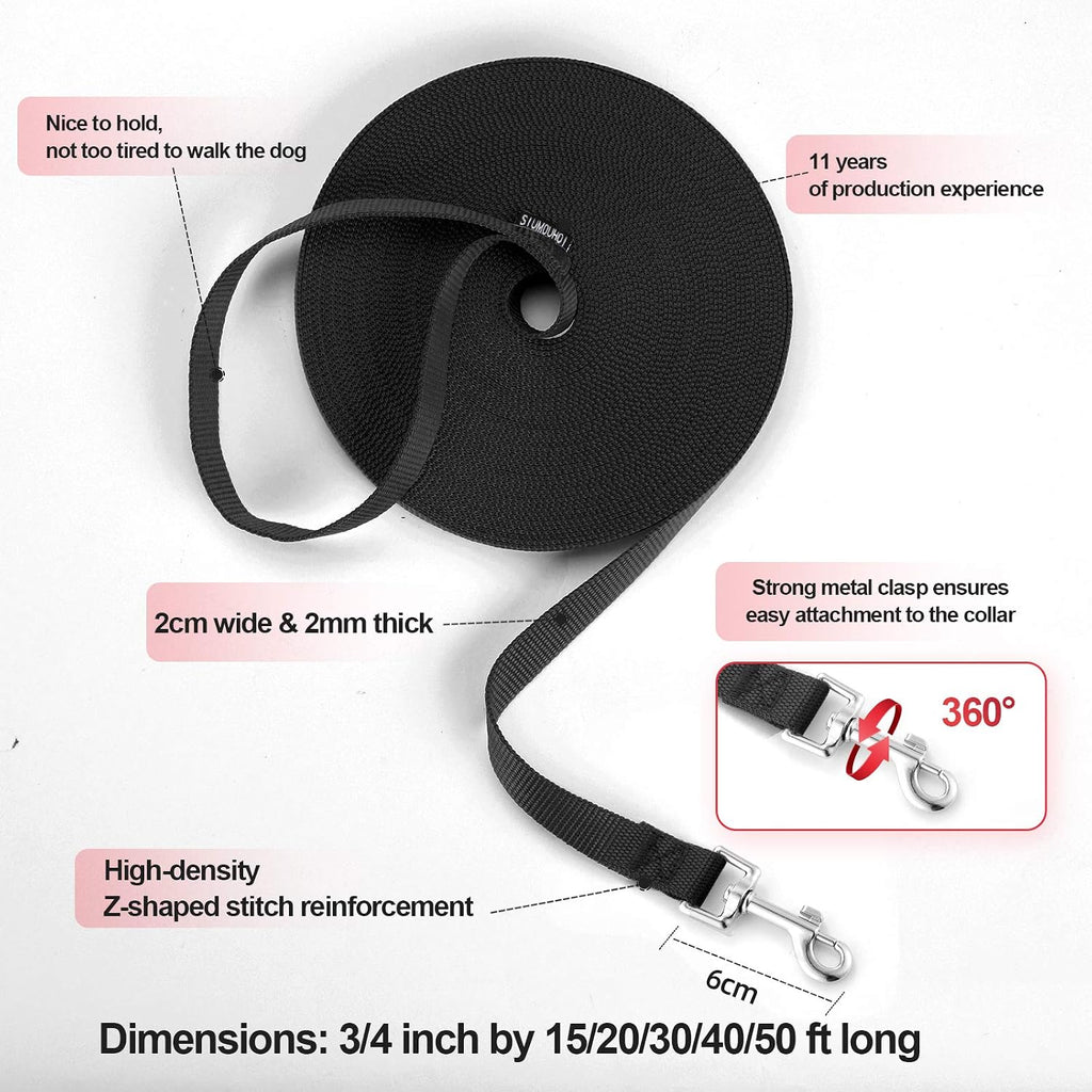 Dog/Puppy Obedience Recall Training Agility Lead -15ft 20ft 30ft 50ft Training Leash - Great for Play, Camping, or Backyard - Black 50ft