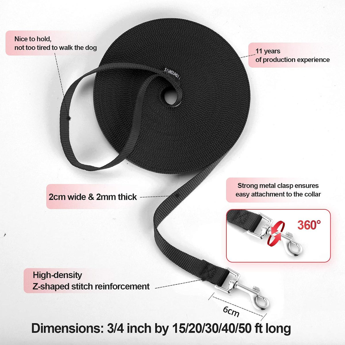Dog/Puppy Obedience Recall Training Agility Lead -15ft 20ft 30ft 50ft Training Leash - Great for Play, Camping, or Backyard - Black 50ft