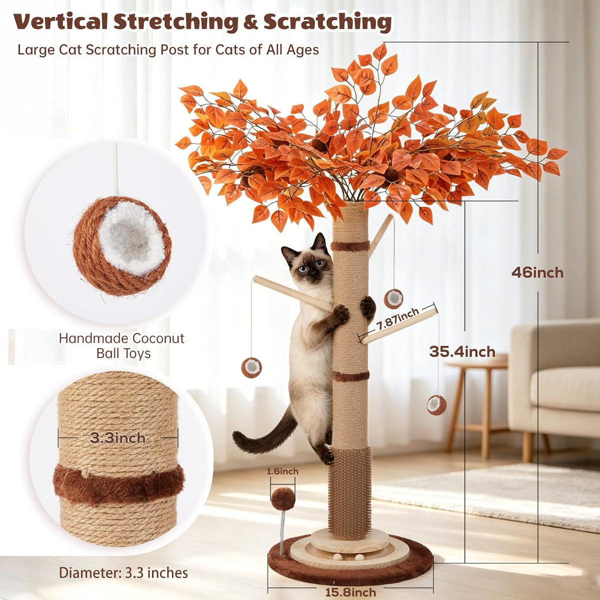 46" Extra Tall Cat Scratching Post with Toy for Large and Adult Indoor Cats