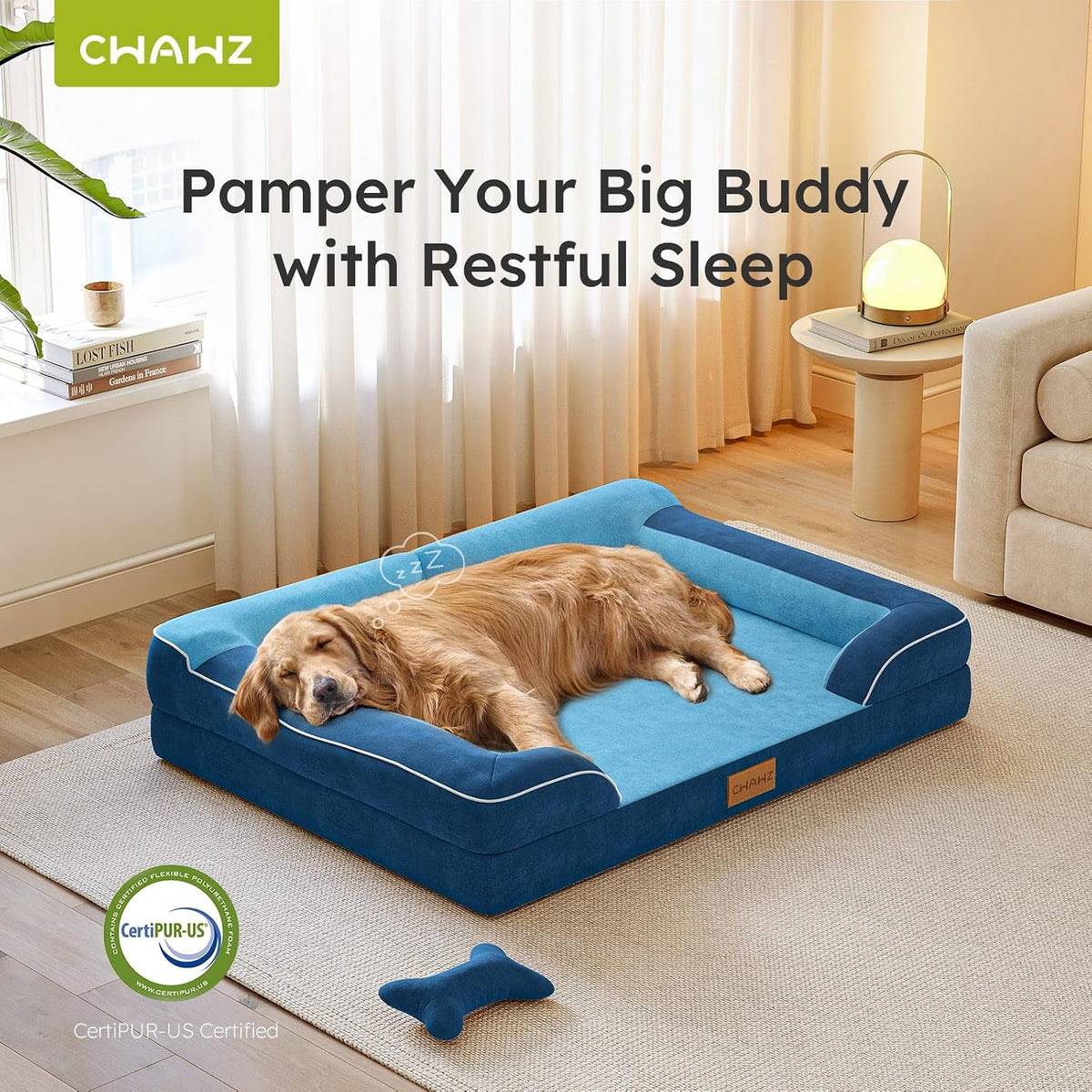 CWAWZ XXL Dog Bed for Extra Large Dogs, Giant Orthopedic Dog Bed with Cooling Gel Memory Foam, Waterproof Pet Bed with Removable Washable Cover, 53" Pet Sofa Bed Dutch Velvet with Bone Toy, Navy Blue