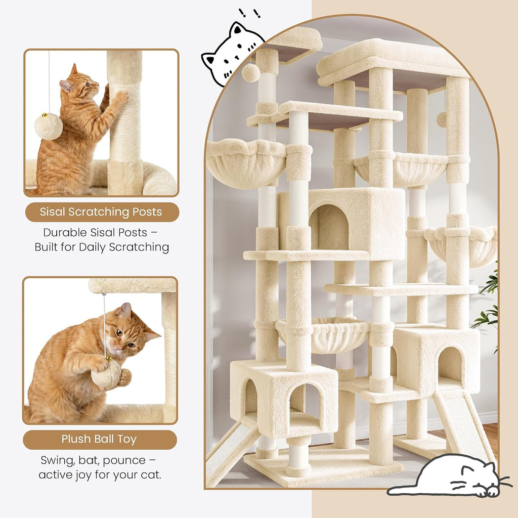 SHA CERLIN 87 in Multi-Level Tall Cat Tree Tower for Large Cats/Extra Wide Feline Activity Center/Sisal Scratching Posts/Wide Base/Cozy Plush Perches/Baskets/Hammocks/Toy Balls/Beige