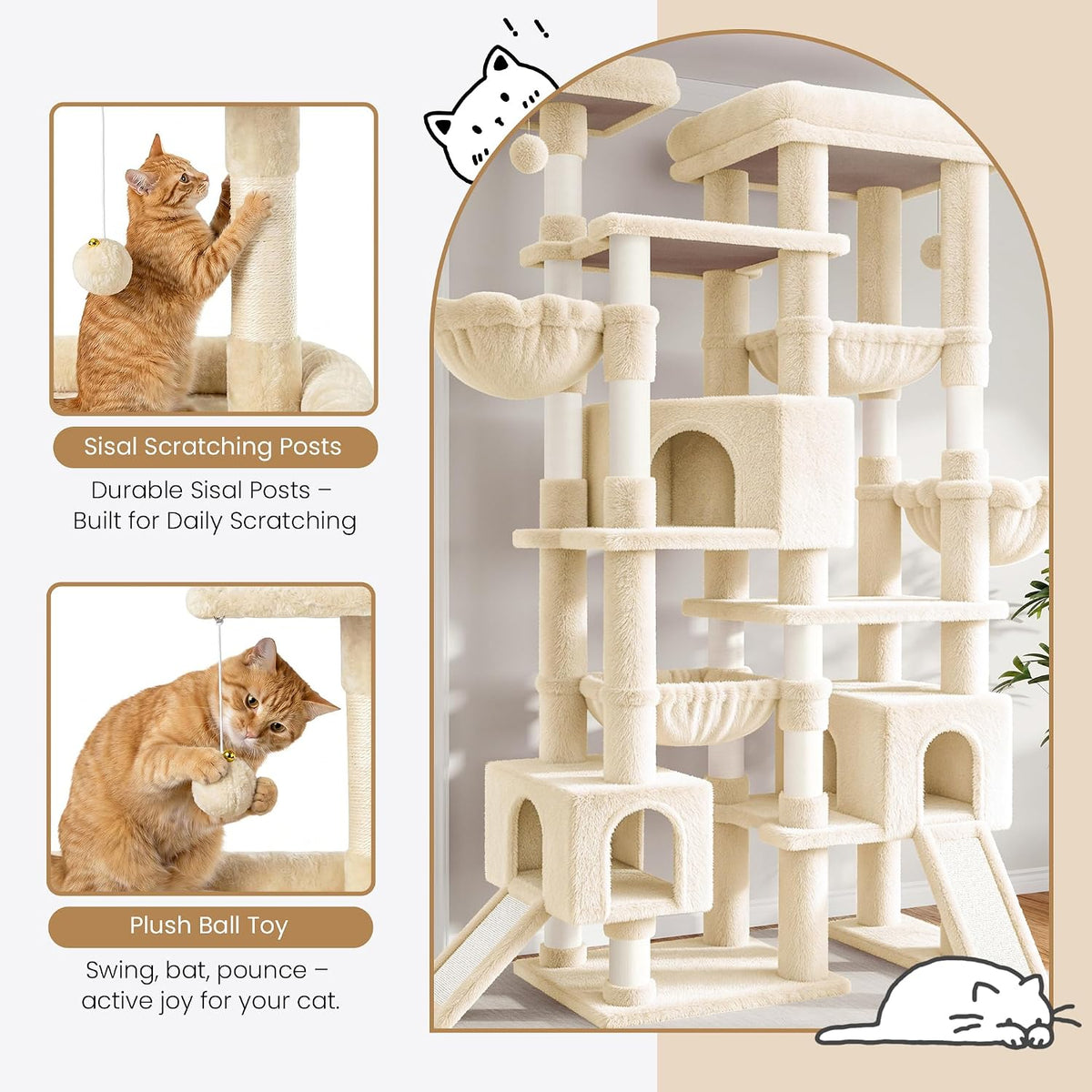 SHA CERLIN 87 in Multi-Level Tall Cat Tree Tower for Large Cats/Extra Wide Feline Activity Center/Sisal Scratching Posts/Wide Base/Cozy Plush Perches/Baskets/Hammocks/Toy Balls/Beige