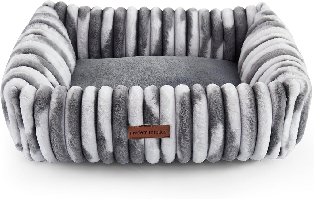 Modern Threads Ribbed Plush Two-Tone Cuddler Dog Bed, Ultra-Soft Faux Rabbit Fur, Supportive Bolstered Sides, Removable Washable Cover, Bed for Medium Dogs, Silver, (28" L x 21" W x 9" Th)