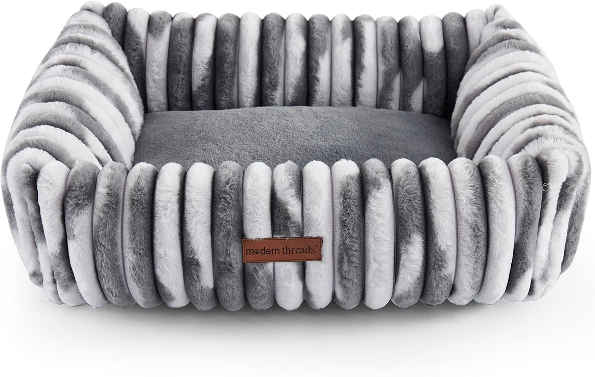 Modern Threads Ribbed Plush Two-Tone Cuddler Dog Bed, Ultra-Soft Faux Rabbit Fur, Supportive Bolstered Sides, Removable Washable Cover, Bed for Medium Dogs, Silver, (28" L x 21" W x 9" Th)