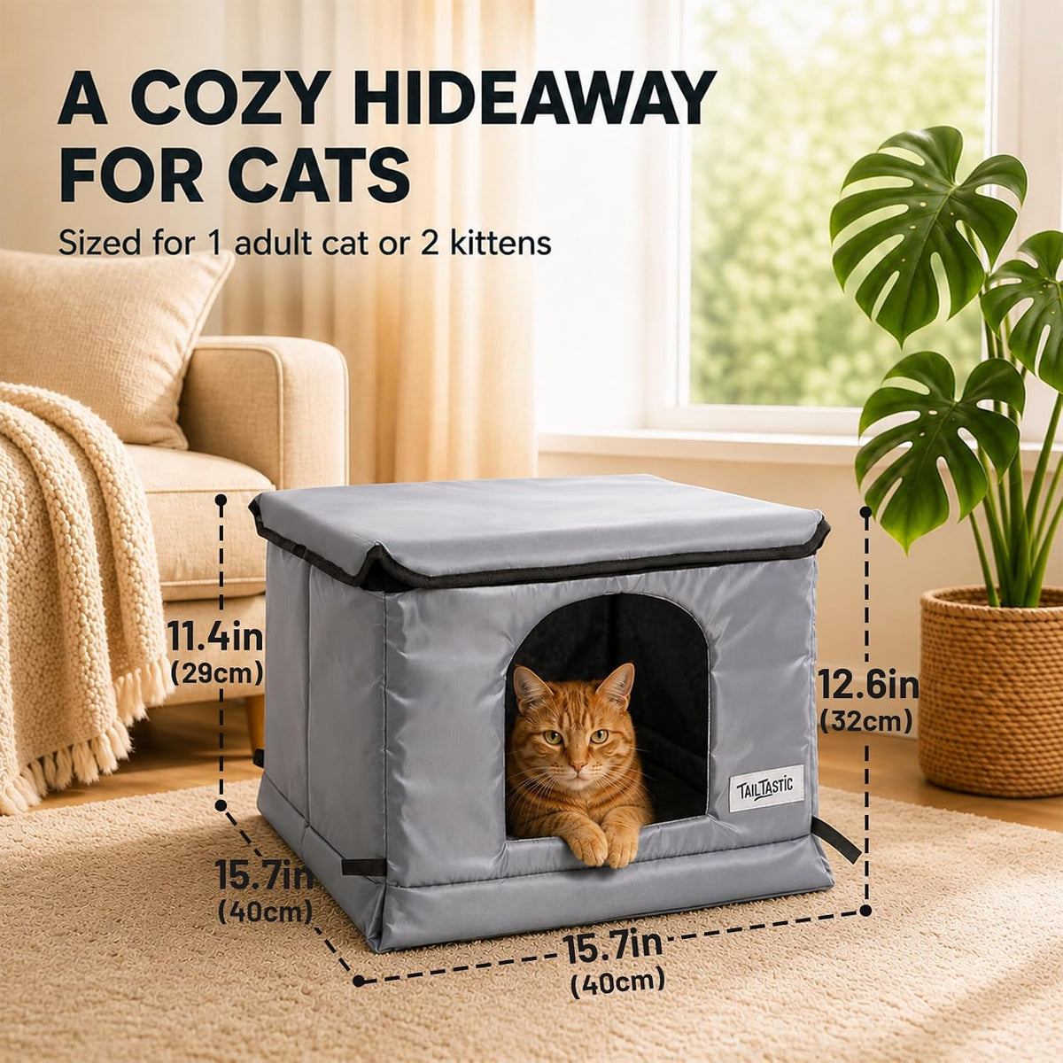 Tailtastic Outdoor Cat House with Seamless Sloped Roof, Insulated, Grey