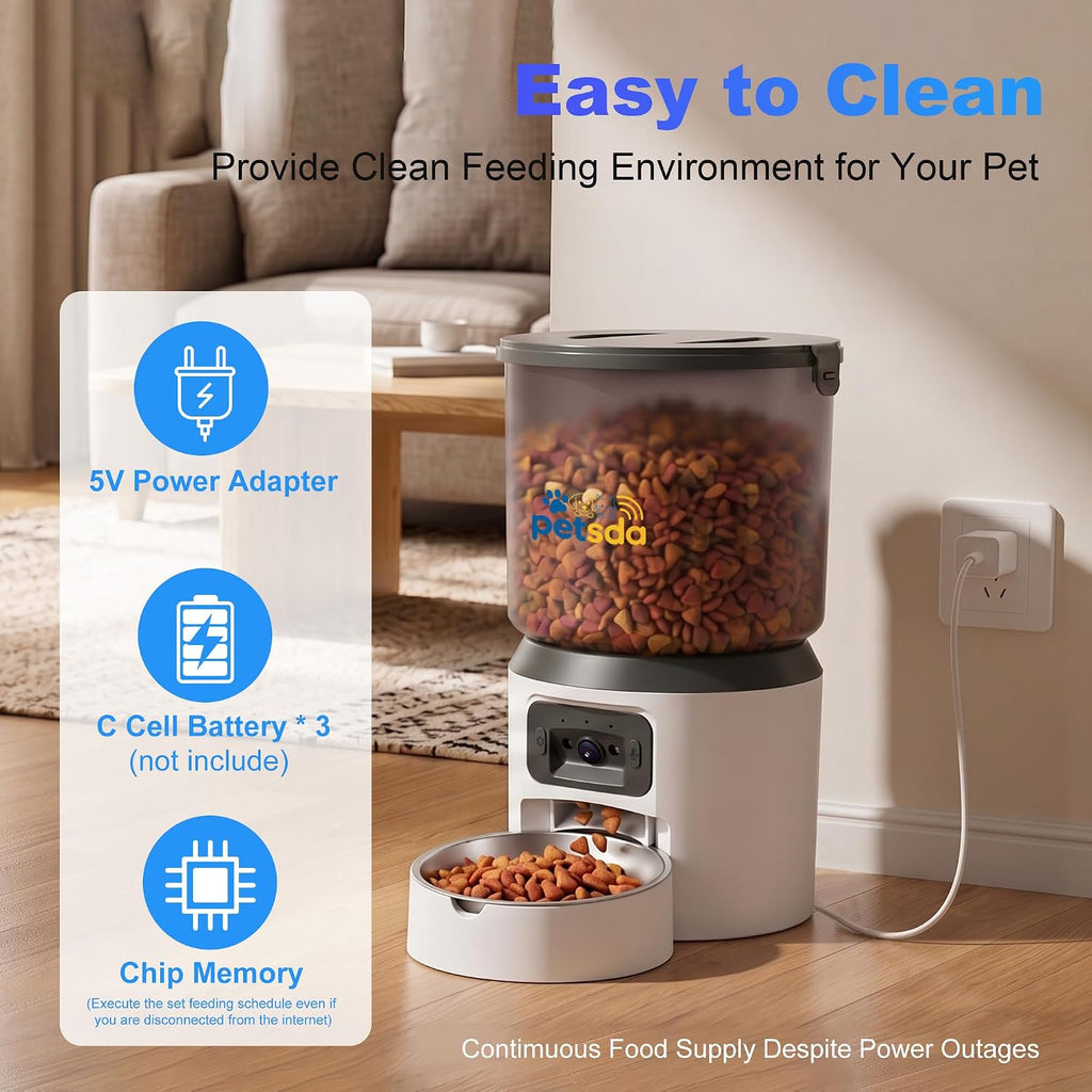 Automatic Cat Feeder with 2K Camera 5G WiFi 4L Timed Dry Food Dispenser APP Control, 15 Meals Programmable 1-20 Portion Per Day Dual Power Supply with Stainless Bowl for Multiple Pet Easy Clean