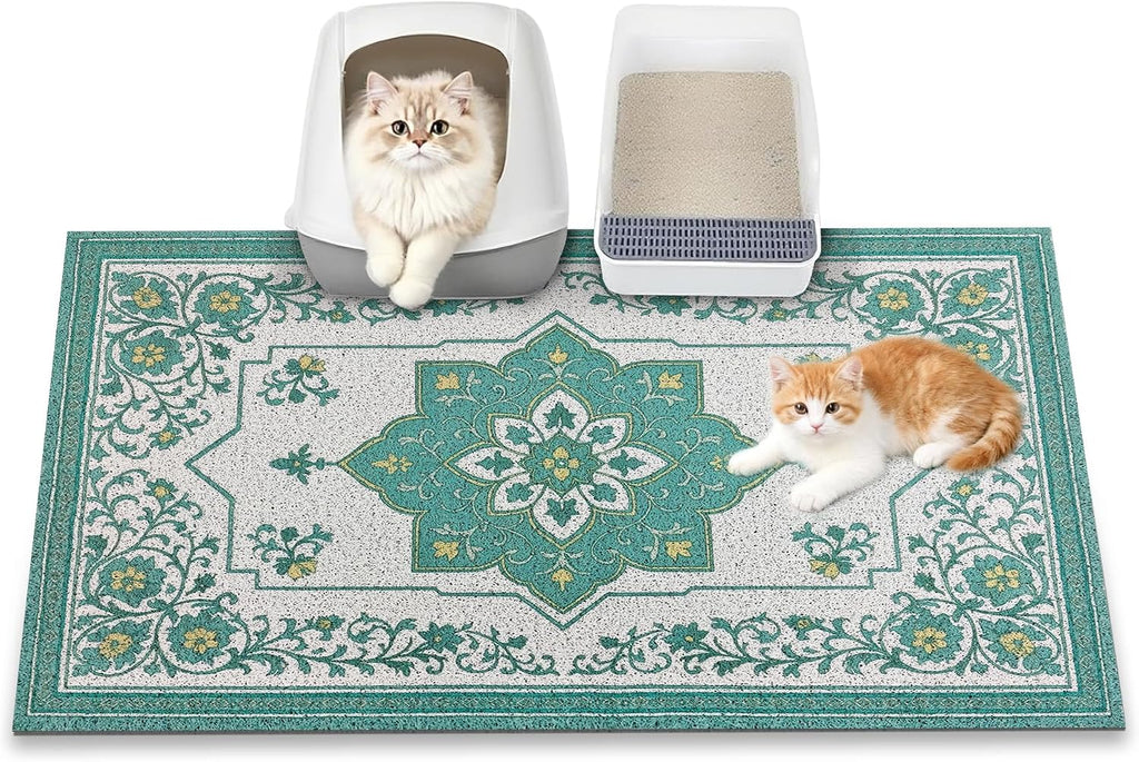 Cat Litter Mat, 35" x 23" Litter Box mat, Traps 100% Litter, Non-Slip Kitty Litter Trapping mats, Large Cute Litter mat, Easy Clean for Scatter Control, Bohe cat Food mat, Urine Waterproof | Traps 100% Litter, Cute litter mat for litter box, Soft on Ki...
