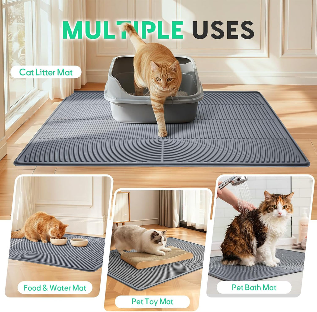Pawtasy Cat Litter Mat,34" x 22" Large Silicone Pad for Floor Waterproof Litter Trapping Mat for Scatter Control Soft on Kitty Paws Non-Slip Easy to Clean