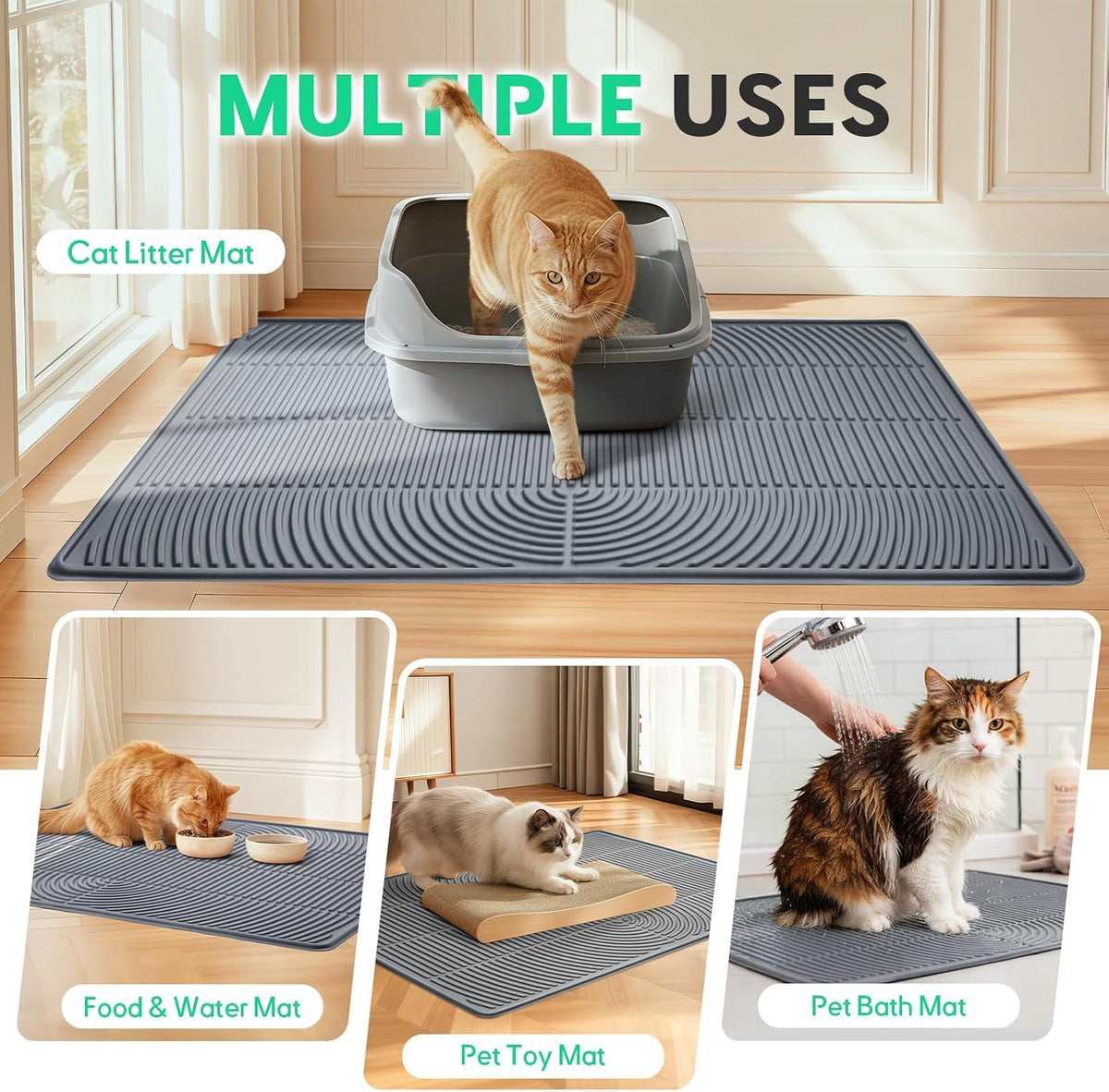 Pawtasy Cat Litter Mat,34" x 22" Large Silicone Pad for Floor Waterproof Litter Trapping Mat for Scatter Control Soft on Kitty Paws Non-Slip Easy to Clean
