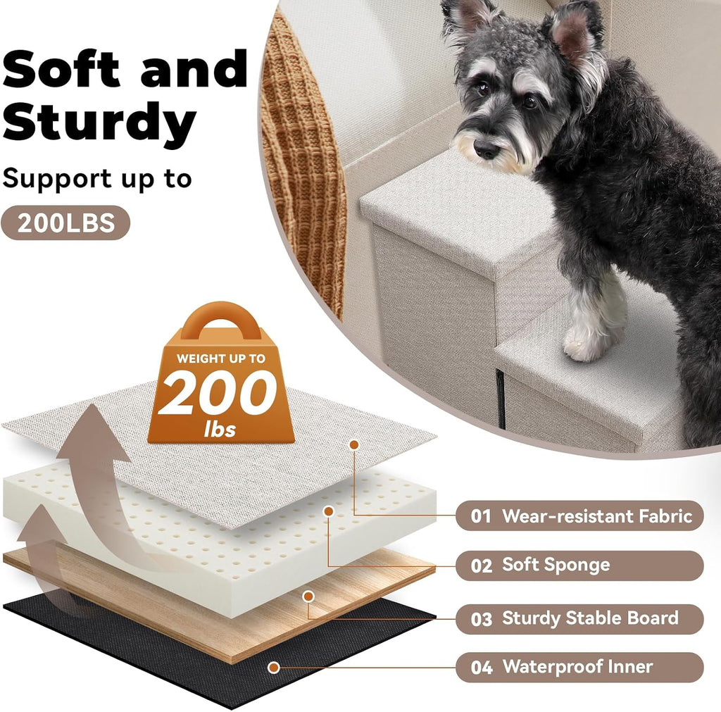 Zerbuger Dog Stairs with Storage, Beige 3 Steps Dog Ramp no Condo for Bed