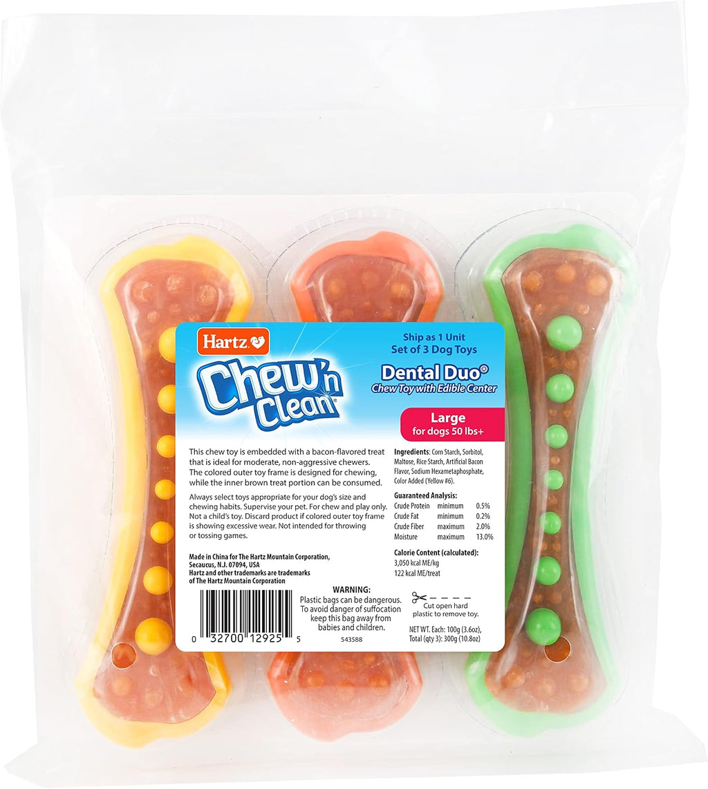 Hartz Chew 'n Clean Dental Duo Dog Treat & Chew Toy, Color Varies, Large, 3 Pack